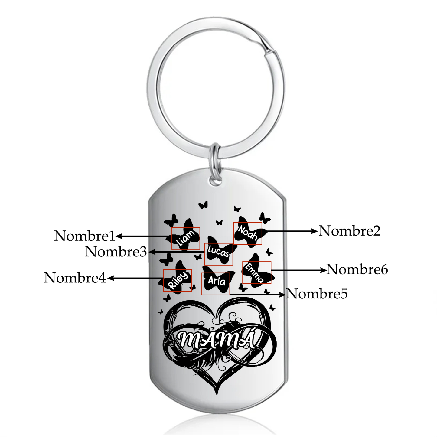 A mi mamá-Llavero 2-6 Nombres Personalizados CORAZÓN Y MARIPOSAS-Jessemade ES