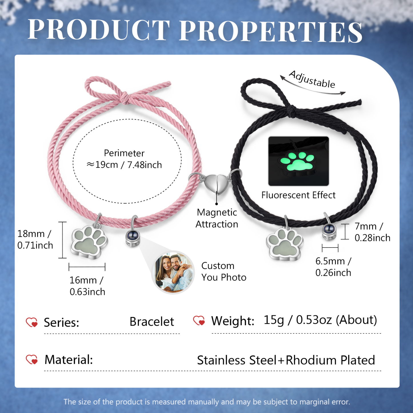 Pulsera para pareja de pata fluorescente con proyección de foto con dije de corazón magnético-Jessemade ES