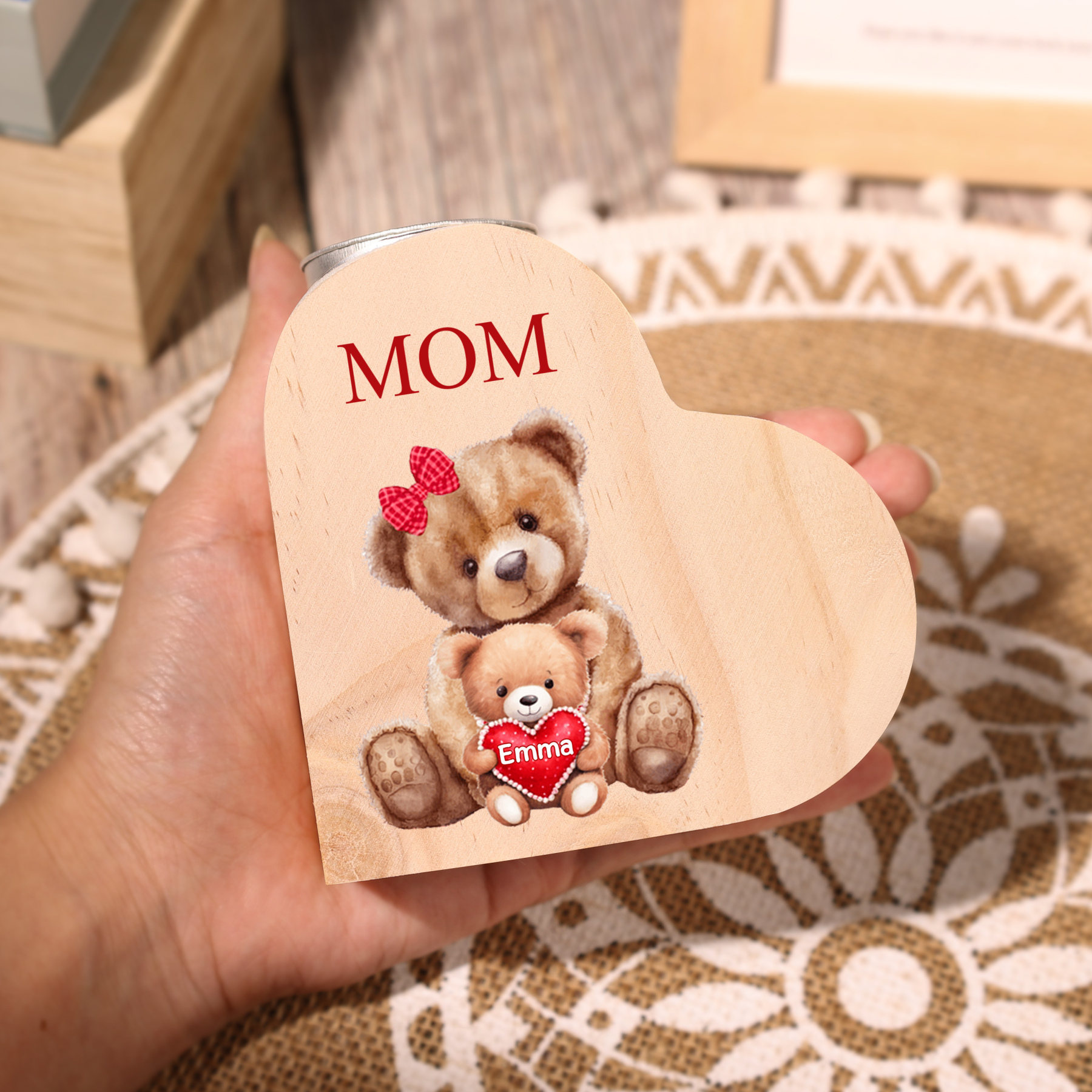 A mi mamá/abuela-Candelero osos 1-6 nombres y 1 texto personalizados en forma de corazón de madera sin candela-Jessemade ES