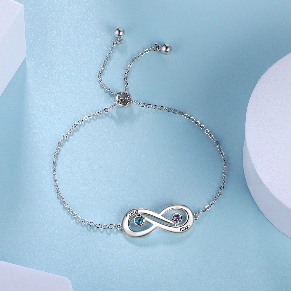Pulsera infinito ajustable con 2 piedras de nacimiento y 2 nombres personalizados