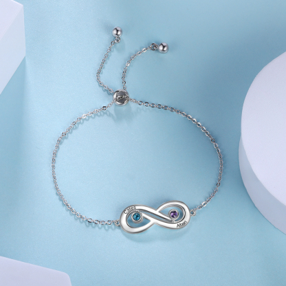 Pulsera infinito ajustable con 2 piedras de nacimiento y 2 nombres personalizados