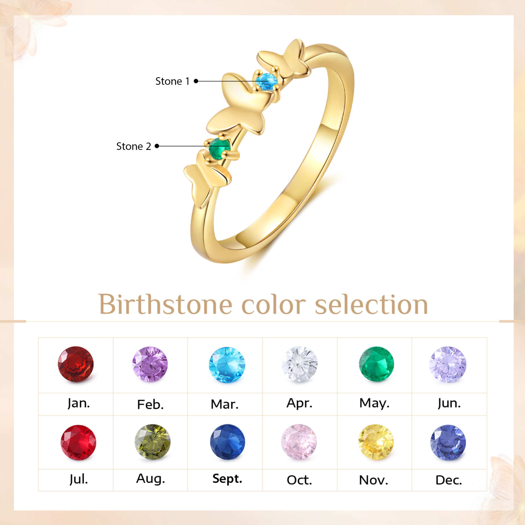 Anillo de mariposa personalizado con 2 piedras de nacimiento anillo familia-Jessemade ES