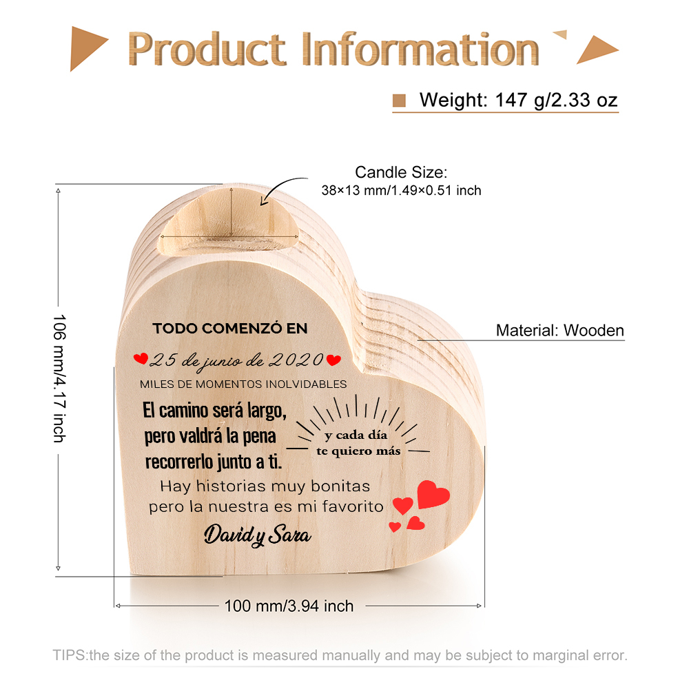 Candelero de madera para pareja sin vela personalizado con 2 nombres y fecha-Jessemade ES
