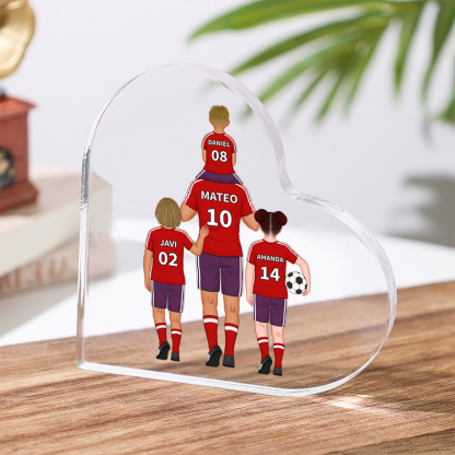 Placa de acrílico en forma de corazón fútbol con 2-4 nombres y números personalizados