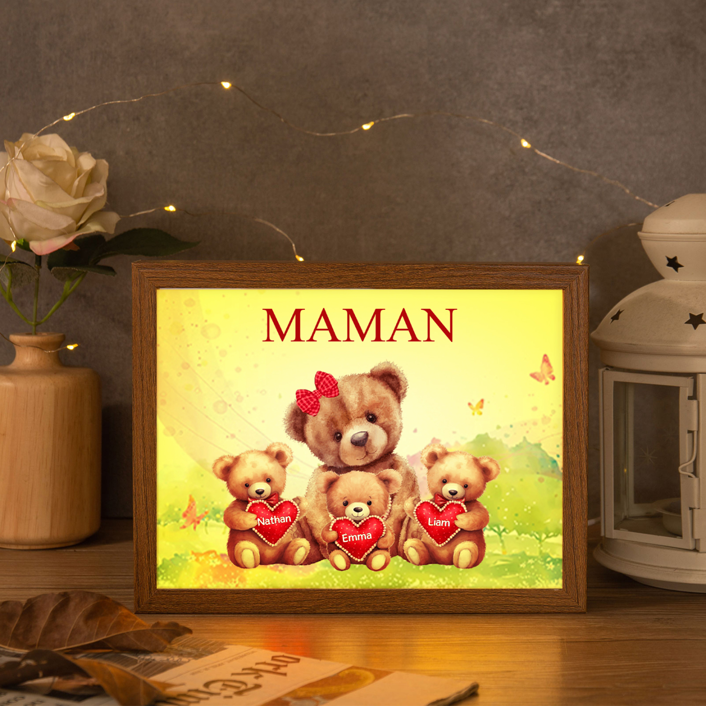 Marco con LED Familia de Osos 1-4 Nombres Personalizados con 1 Texto-Jessemade ES