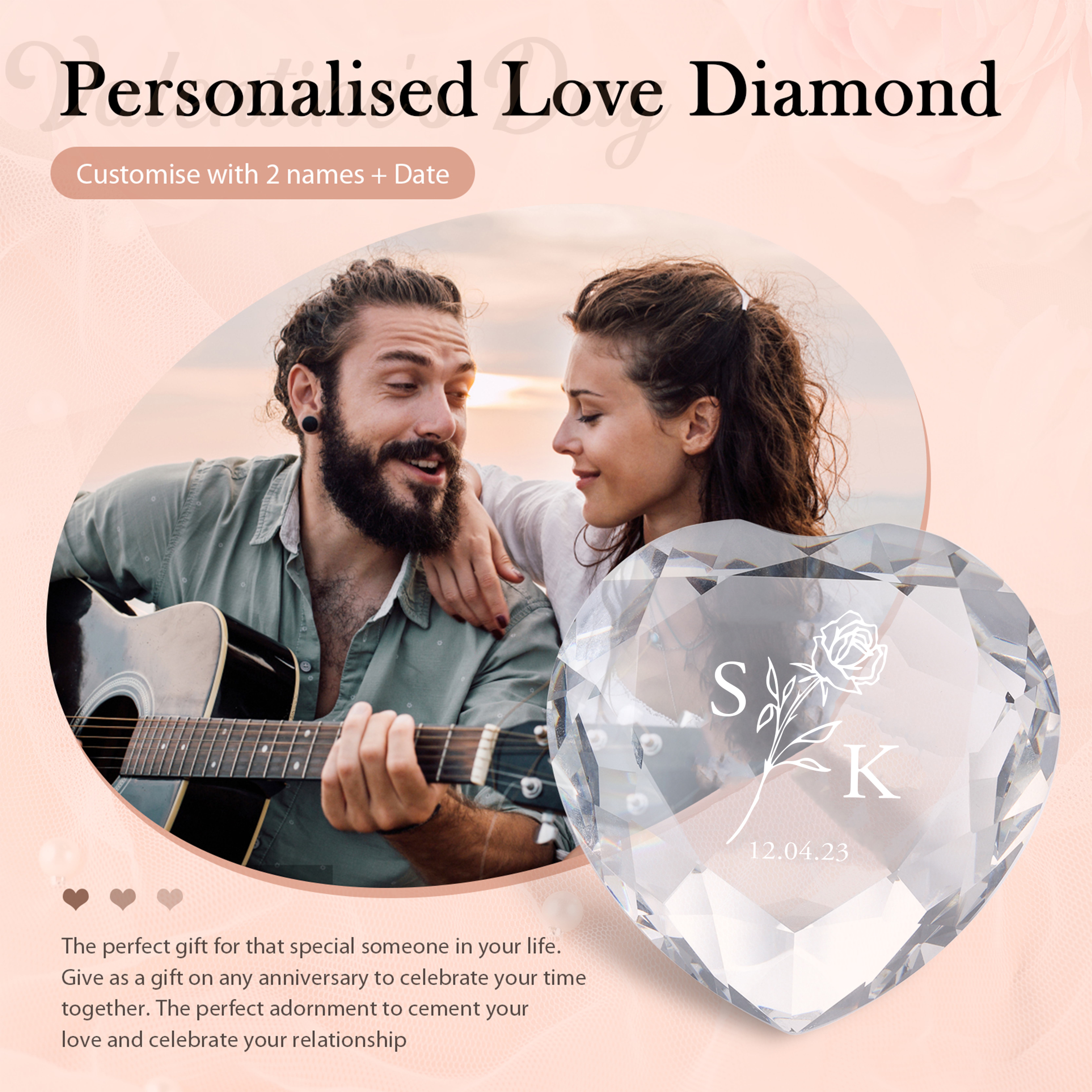 Decoración de vidrio de corazón con 2 letras y fecha personalizados para el AMOR-Jessemade ES