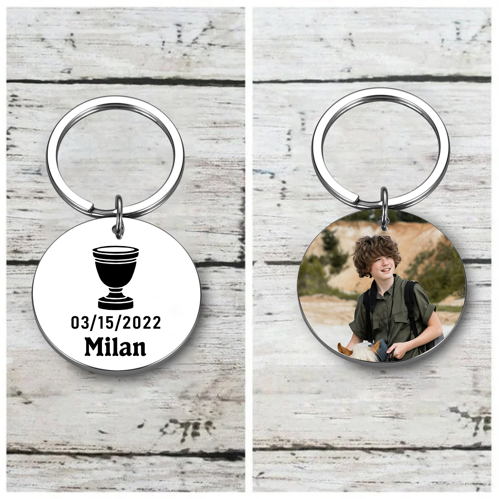 Comunión-Llavero con icono de comunión 1 foto, 1 fecha y 1 nombre personalizados-Jessemade ES