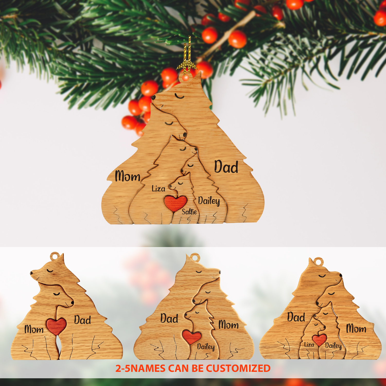 Navidad-Ornamento muñecos navideño de madera familia de zorros 2 nombres personalizados adorno del árbol-Jessemade ES