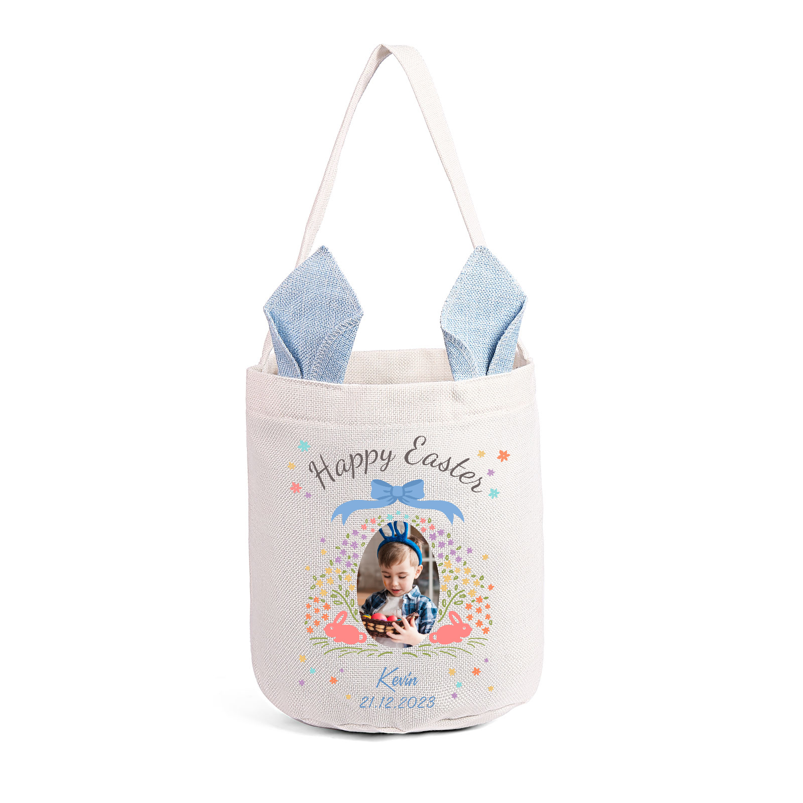 Pascua-Bolsa de conejo con 1 nombre, 1 texto, 1 fecha y 1 foto personalizados-Jessemade ES