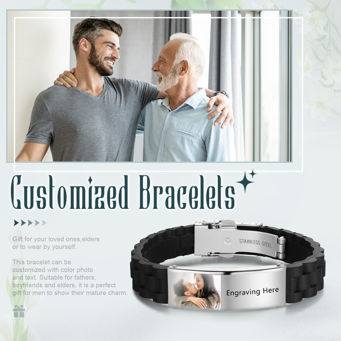 Pulsera personalizada con 1 texto y 1 foto para hombre-Jessemade ES