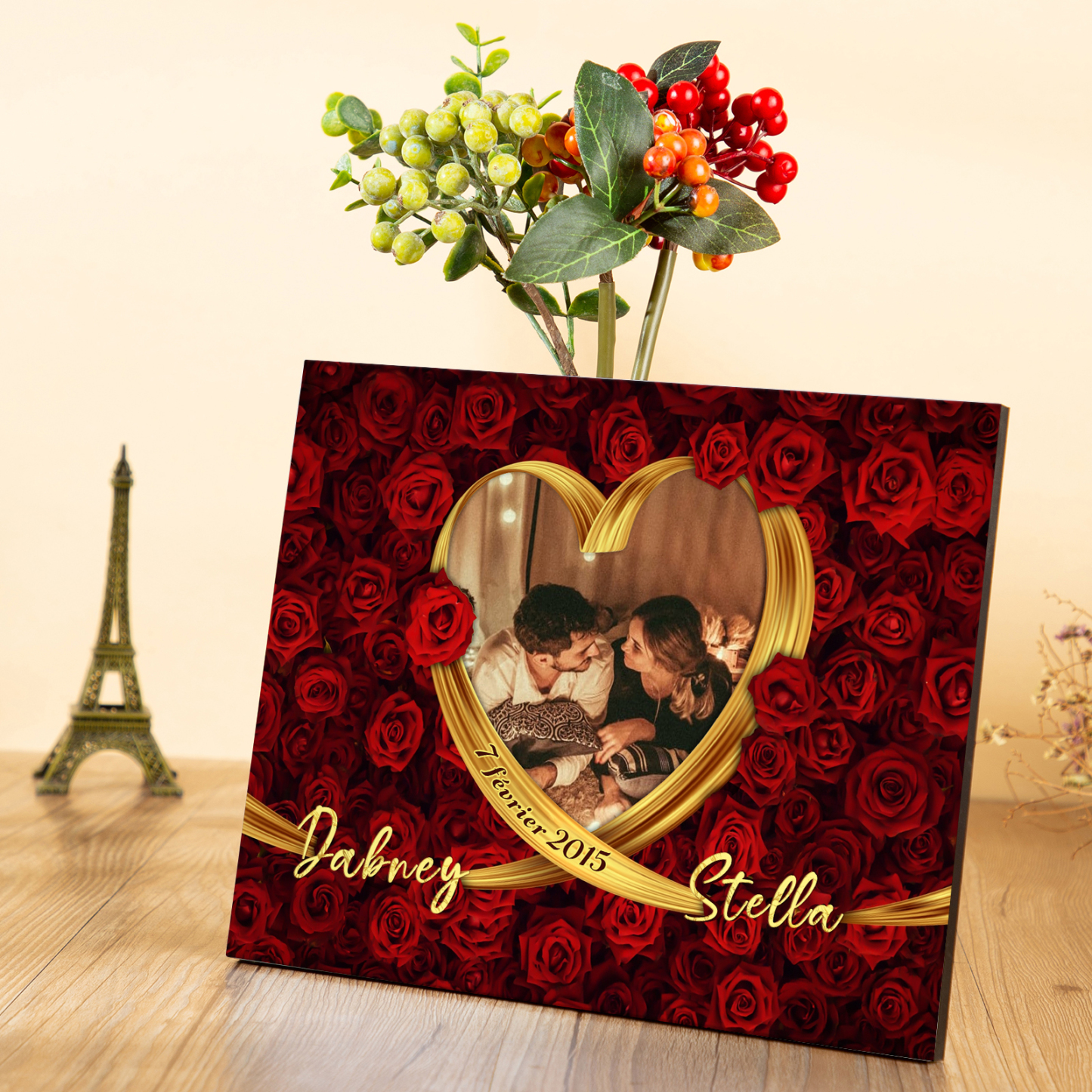 Lámina "rosas" marco de madera para pareja 2 nombres personalizados con fecha y foto-Jessemade ES