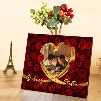 Lámina "rosas" marco de madera para pareja 2 nombres personalizados con fecha y foto-Jessemade ES