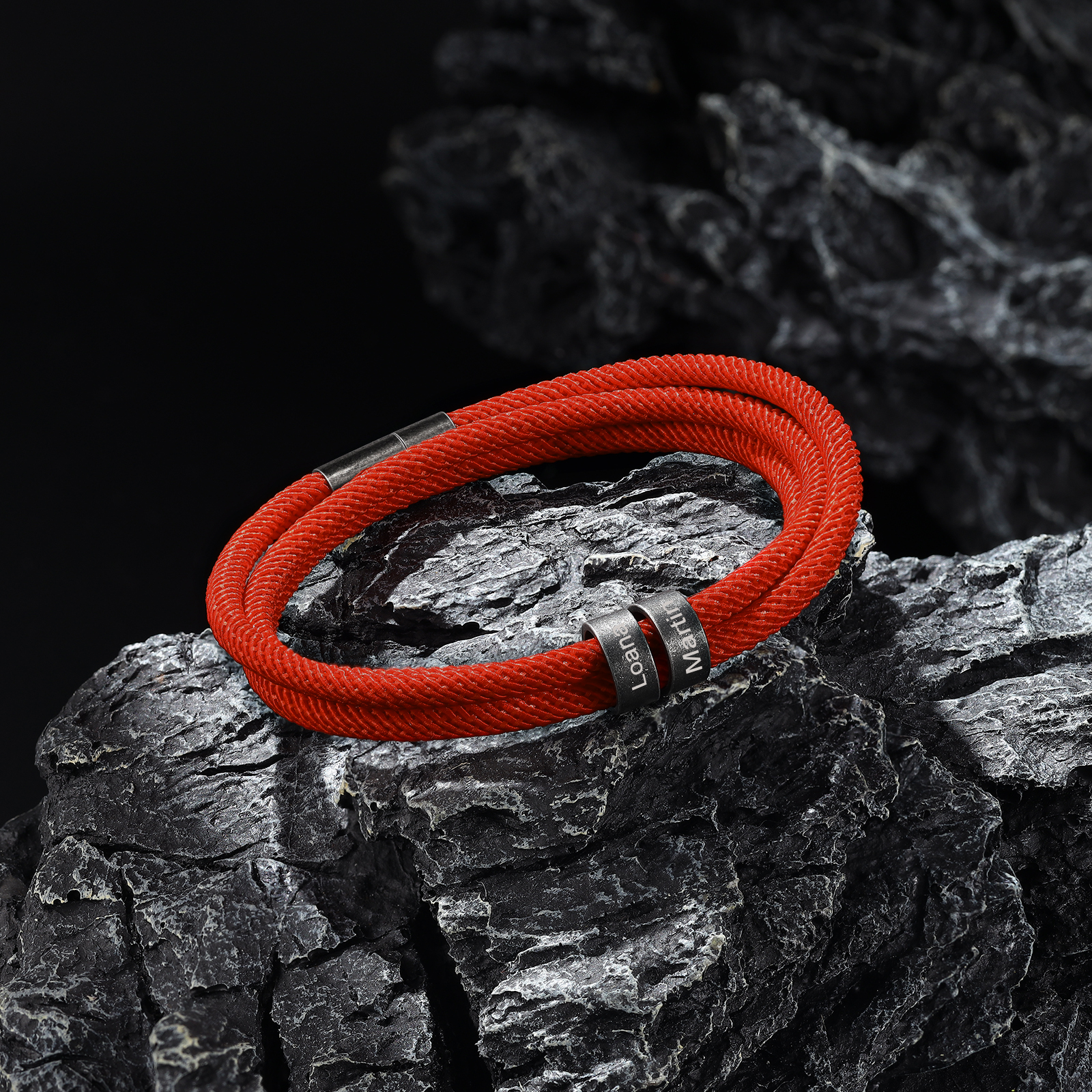 Pulsera de triple cuerda hilo rojo con 2 aros 2 nombres personalizados pulsera de hombre -Jessemade ES