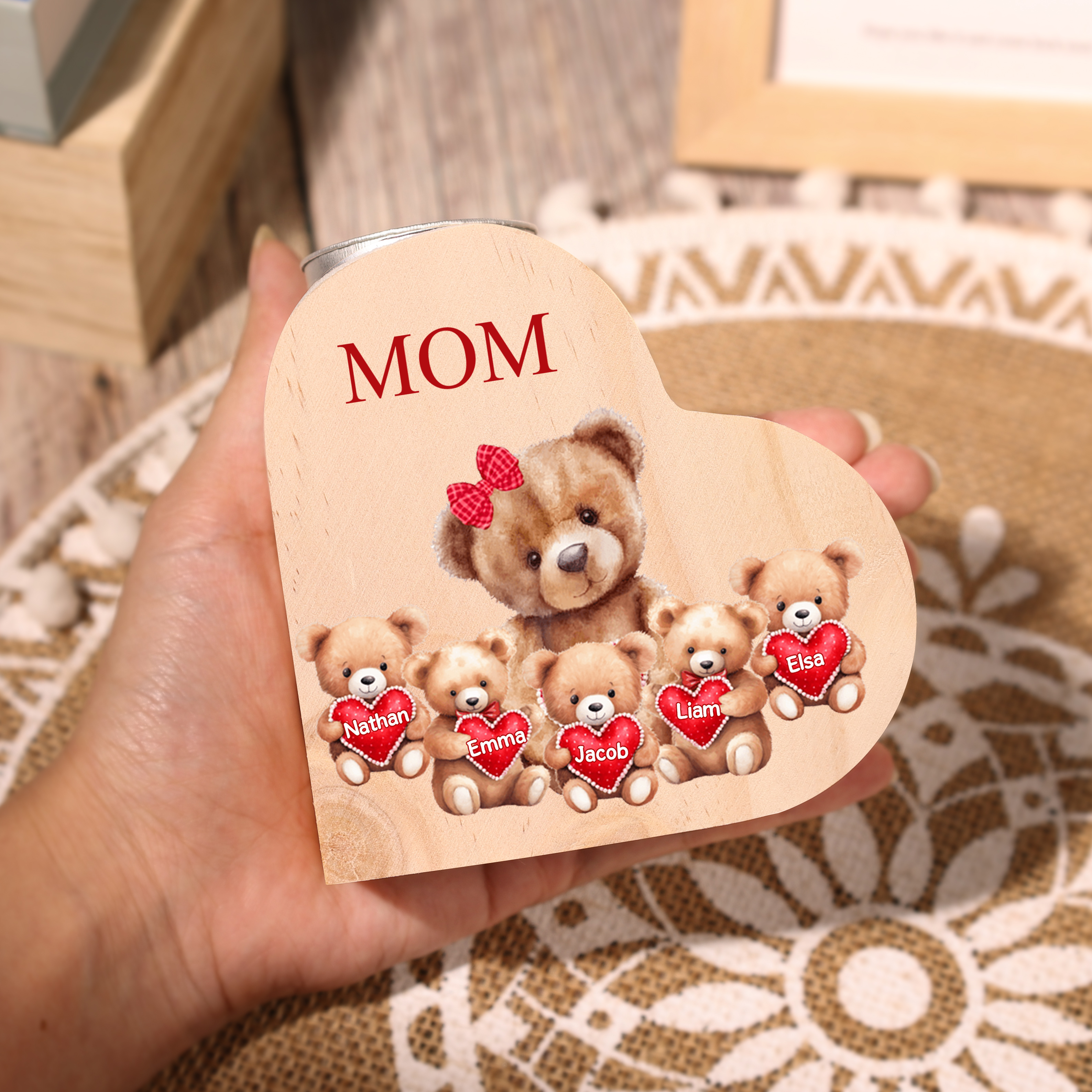 A mi mamá/abuela-Candelero osos 1-6 nombres y 1 texto personalizados en forma de corazón de madera sin candela-Jessemade ES