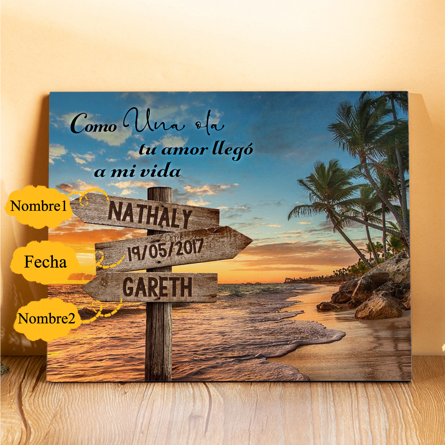 Lámina playa marco de madera para pareja personalizado con 2 nombres y fecha-Jessemade ES