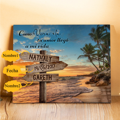 Lámina playa marco de madera para pareja personalizado con 2 nombres y fecha-Jessemade ES