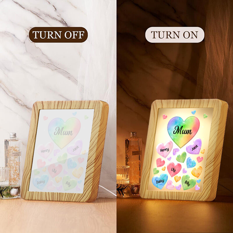 Marco/Espejo con LED Multifuncional Corazones 1-7 Nombres Personalizados con 1 Texto-Jessemade ES