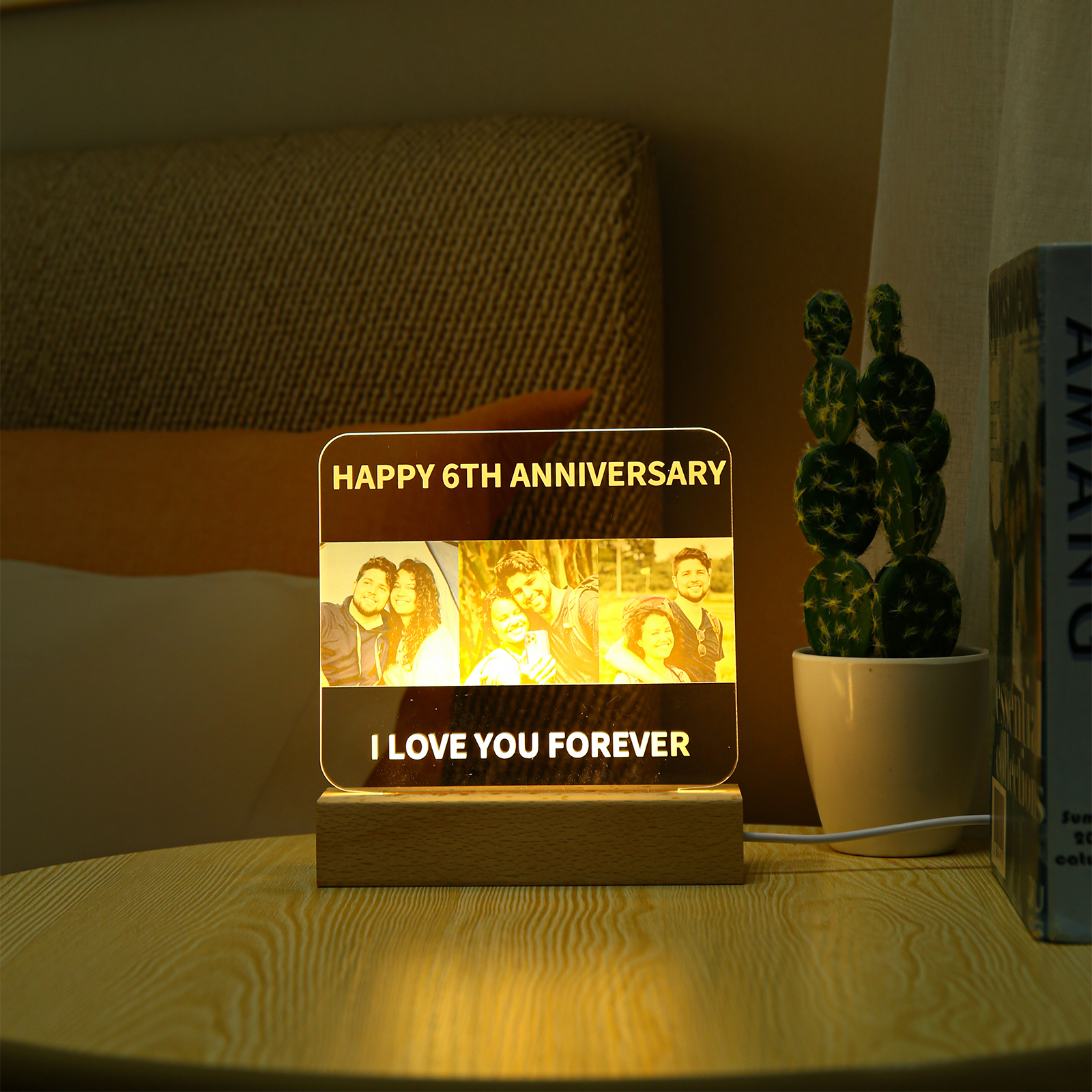 Lámpara 3D Ilusión Luz de noche LED 3 fotos personalizadas con 2 textos