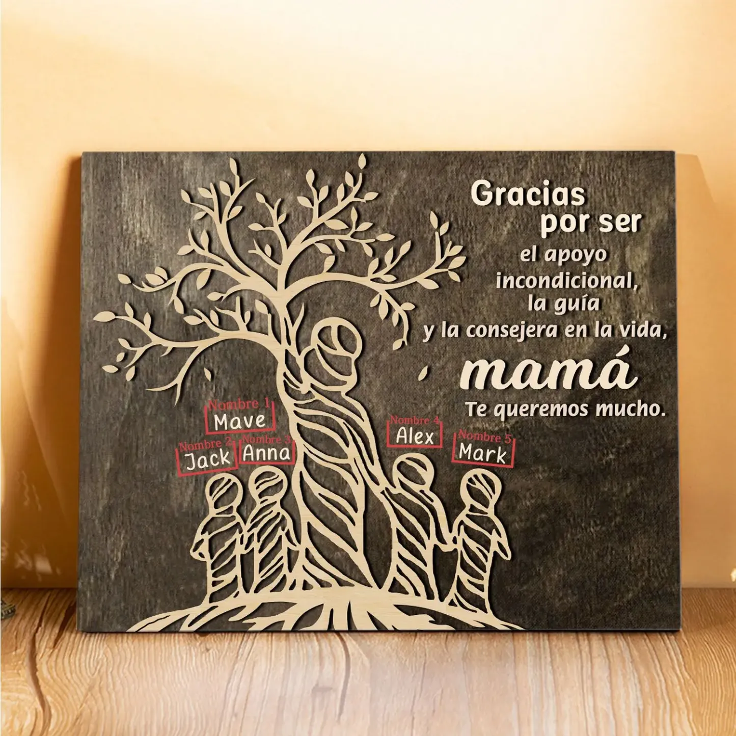 A mi mamá-Lámina mujer de árbol marco de madera personalizado con 5 nombres-Jessemade ES