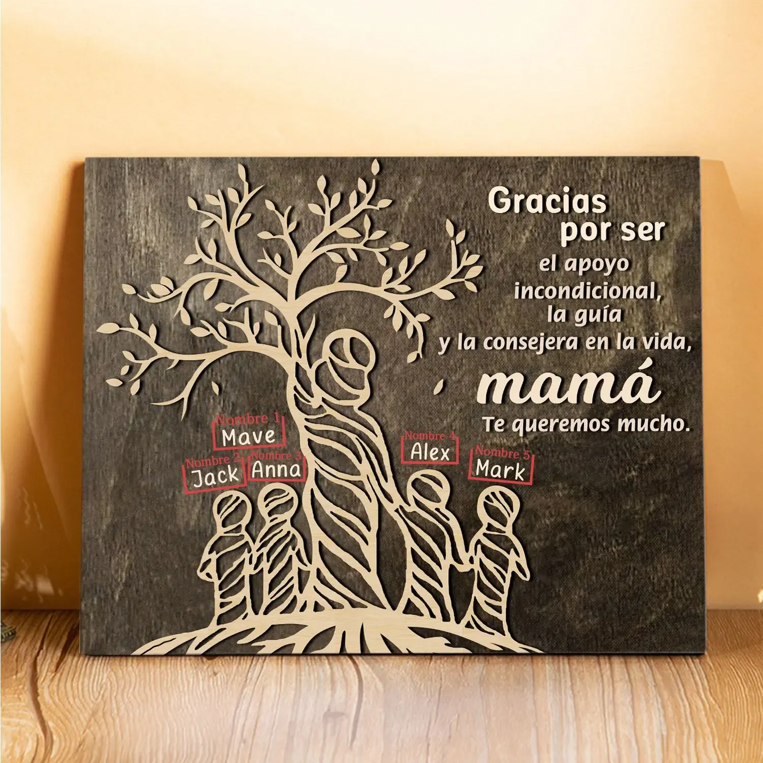 A mi mamá-Lámina mujer de árbol marco de madera personalizado con 5 nombres-Jessemade ES