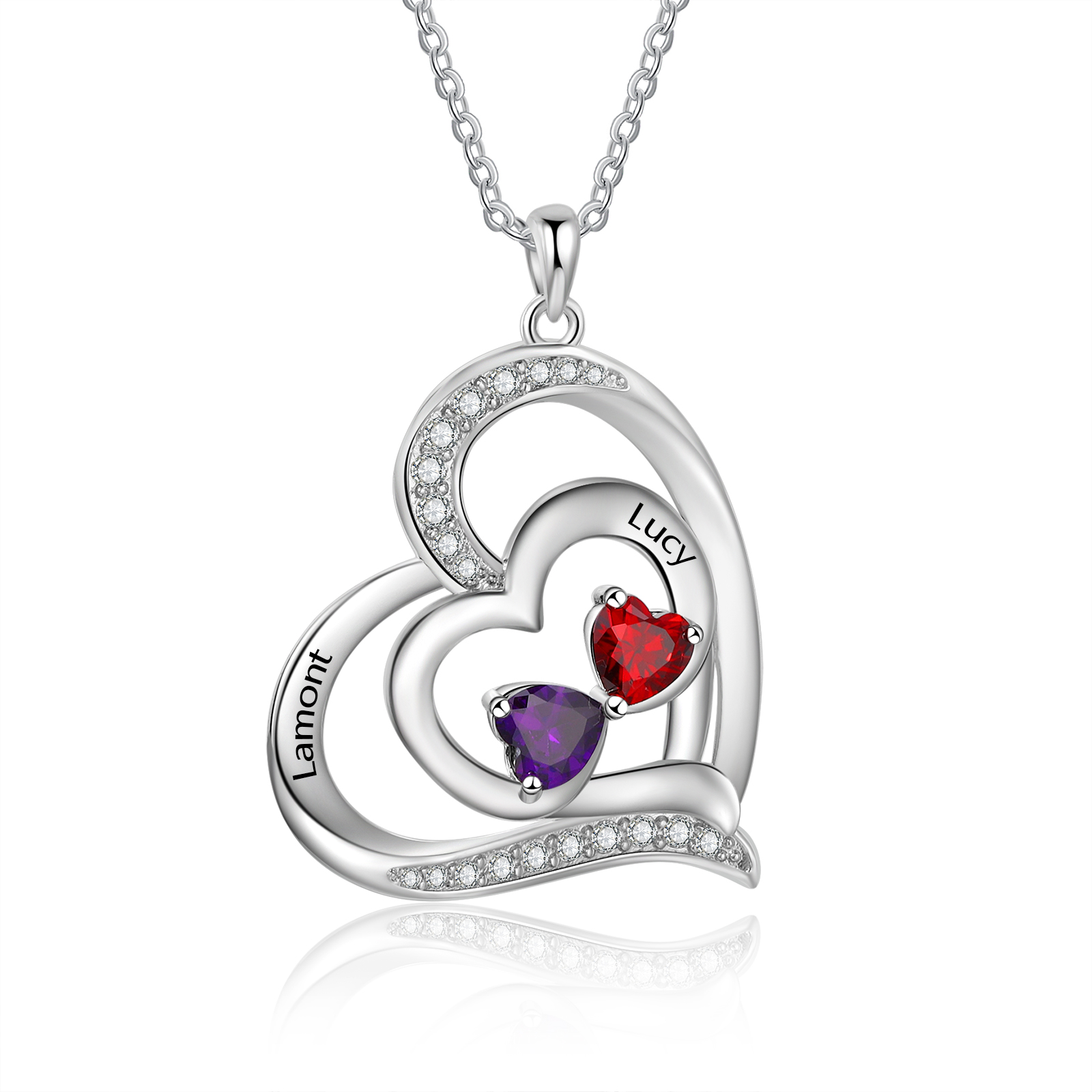 Collar de corazón con 2 nombres y piedras de nacimiento personalizados-Jessemade ES