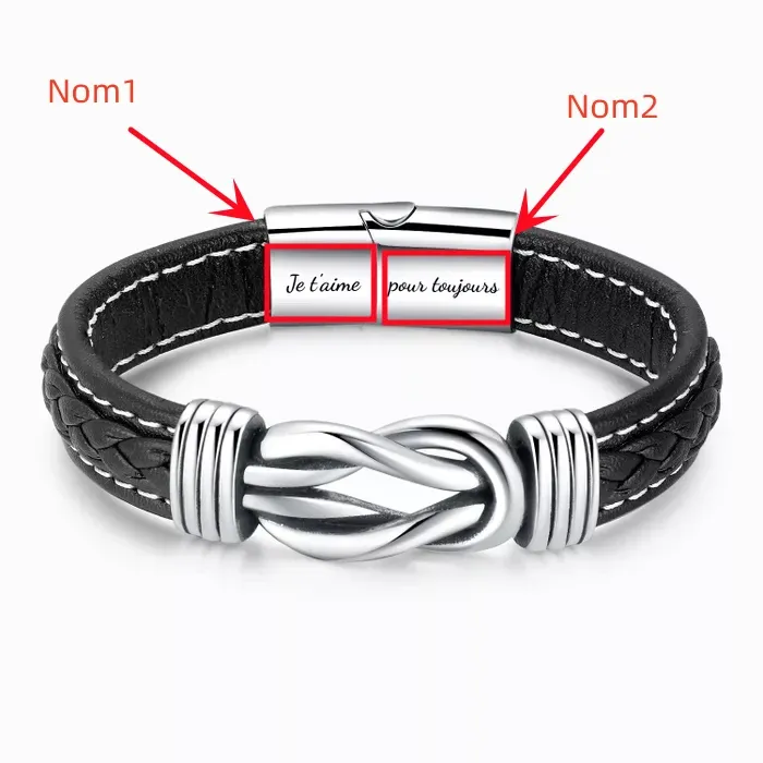 A mi papá-Pulsera de Cuero Nudo Eterno de Acero Inoxidable con 2 Nombres Personalizados