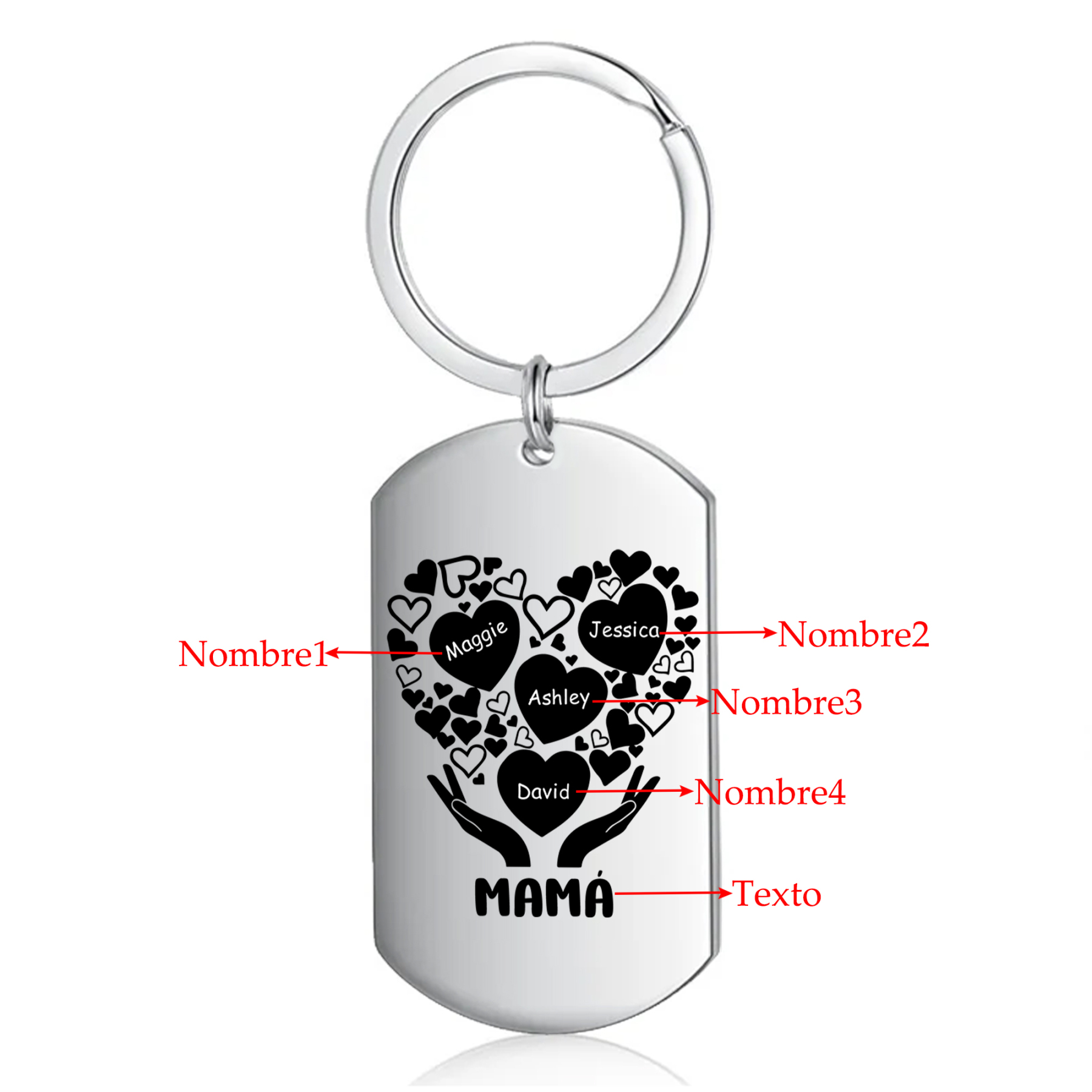 A mi mamá/abuela-Llavero 1-7 Nombres Personalizados con Texto CORAZONES Y MANOS