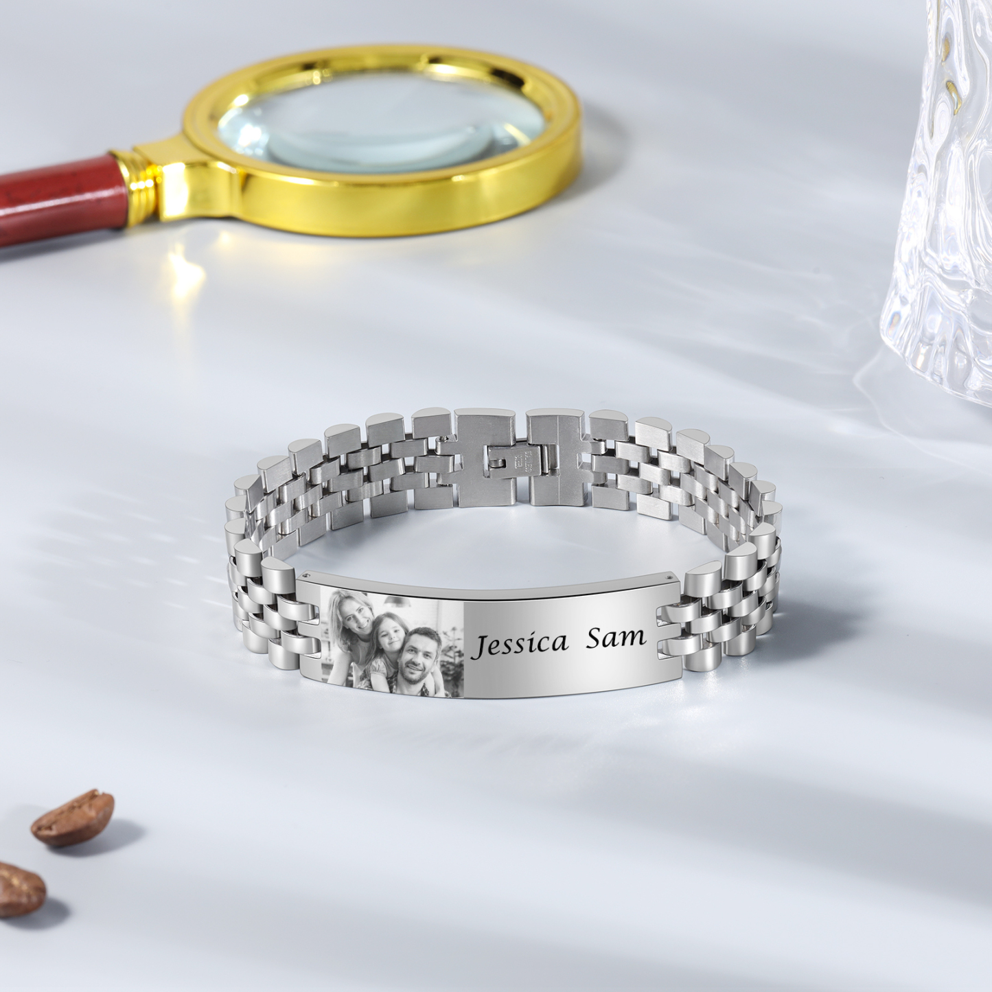 Pulsera de cadena personalizada con 2 nombres y 1 foto para hombre-Jessemade ES