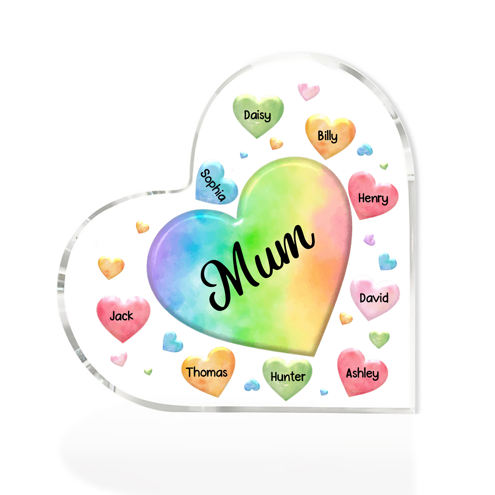 A mi mamá/abuela-Placa de acrílico "Corazones" en forma de corazón 9 nombres y 1 texto personalizados-Jessemade ES