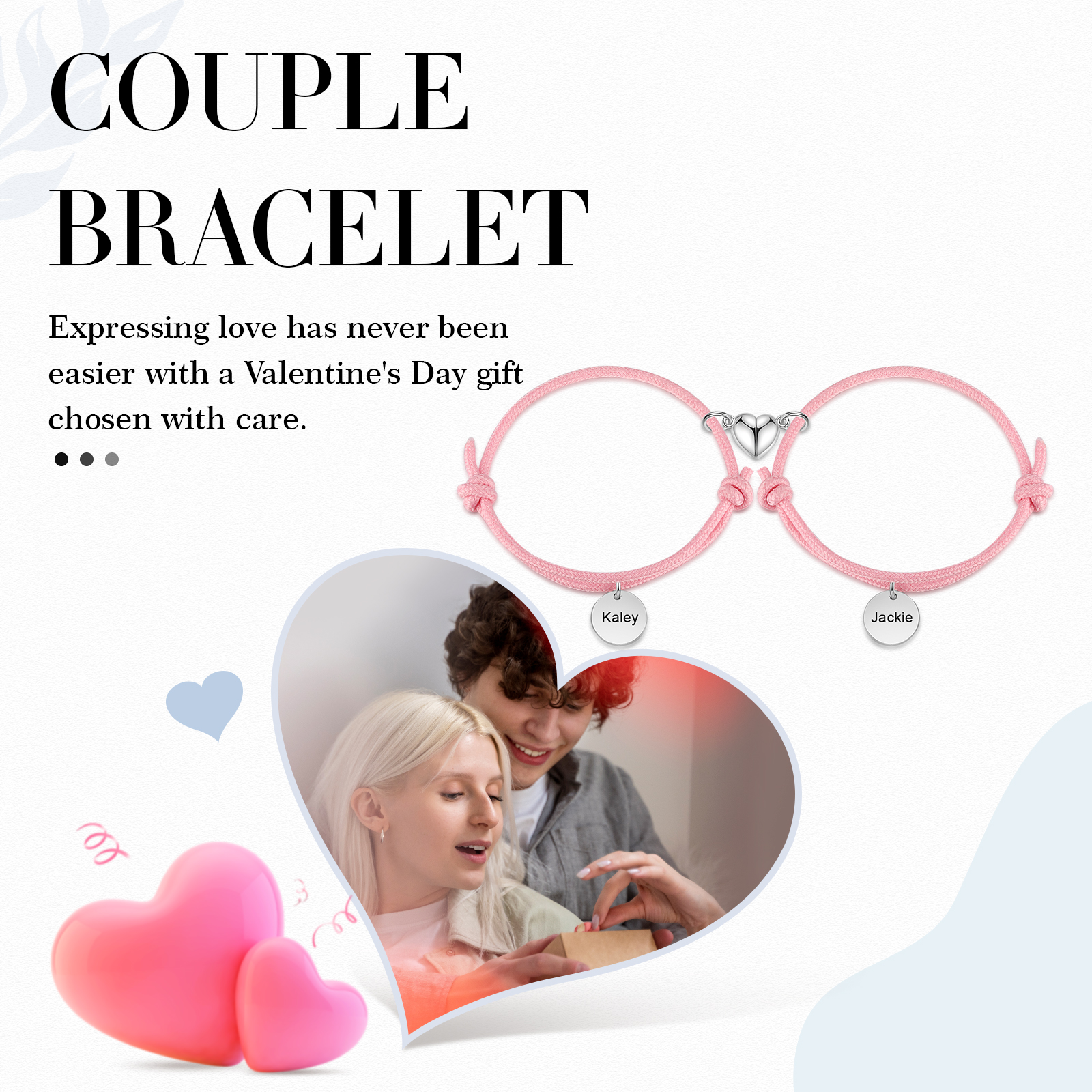 Pulseras de cuerda luminosa personalizadas para pareja con dije de corazón magnético grabado de dos nombres-Jessemade ES