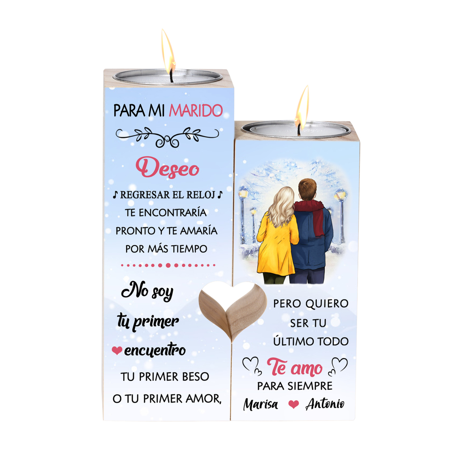 Regalo de Navidad a mi marido-Candelero para pareja de madera de dos piezas sin candela con nombres personalizados-Jessemade ES