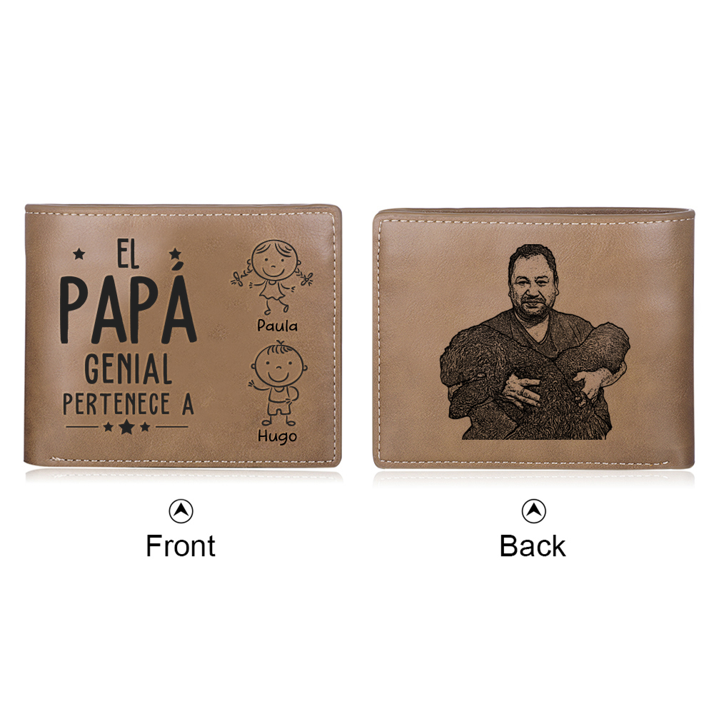 Cartera, billetera clásica 1-5 nombres personalizados con palo de niñ@ y una foto para papá-Jessemade ES