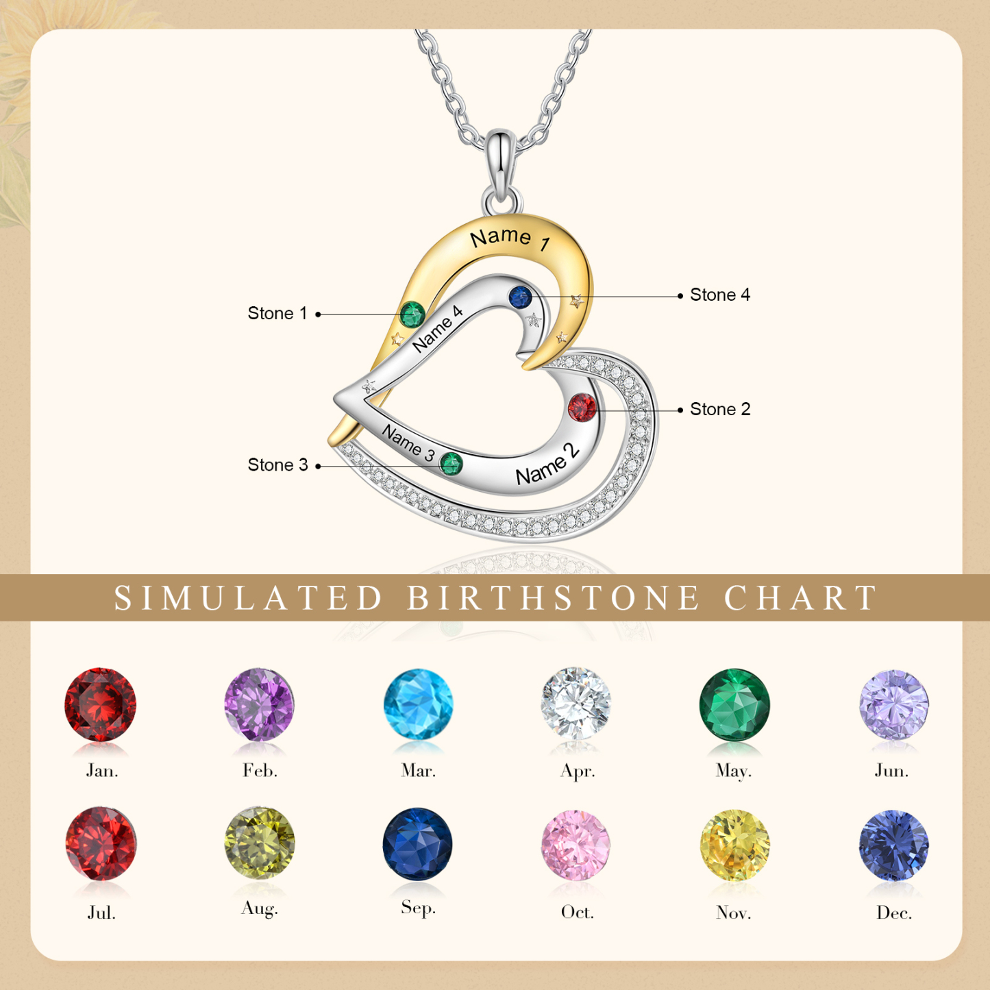 Collar de corazón con 4 nombres y piedras de nacimiento personalizados-Jessemade ES