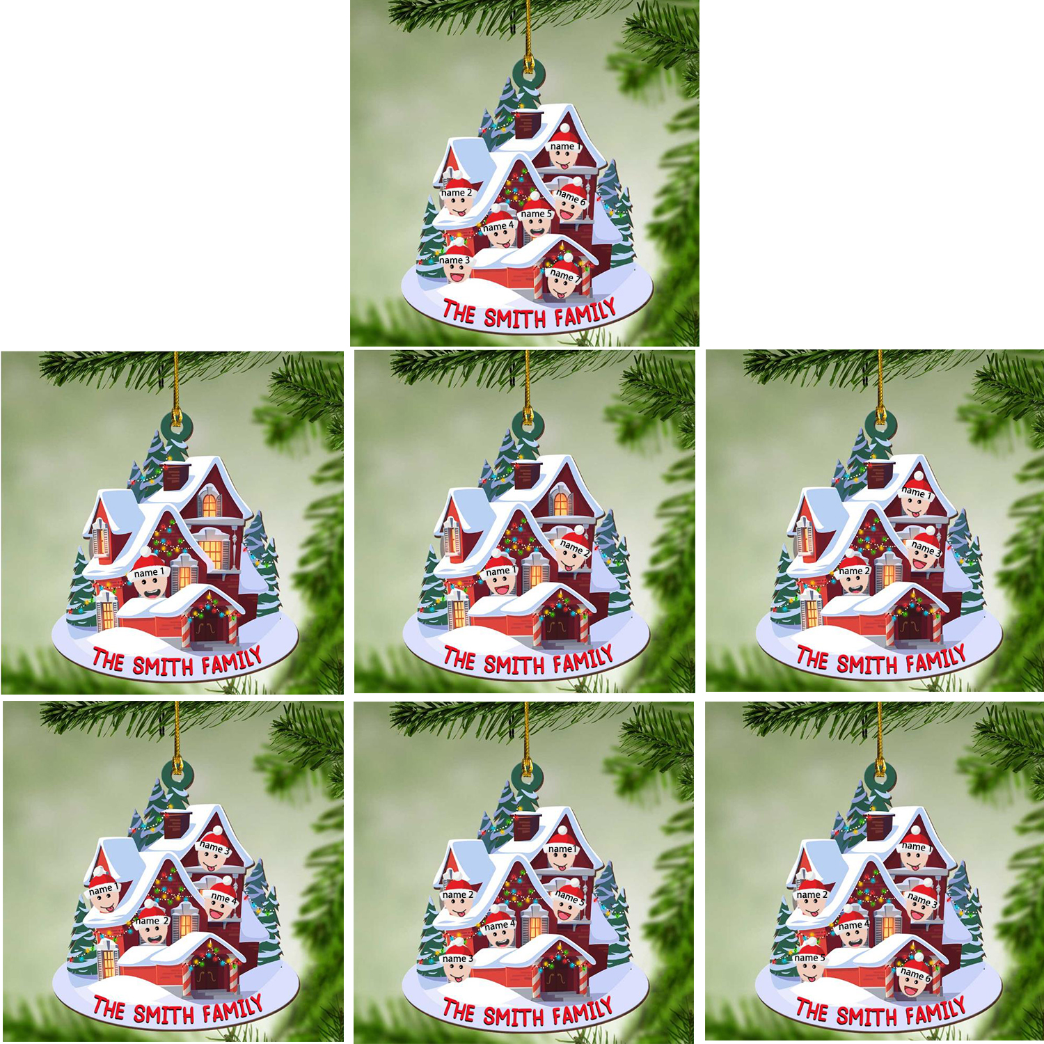 Navidad-Ornamento con muñecos casa acogedora de madera con 2 nombres y apellido personalizados adorno de árbol