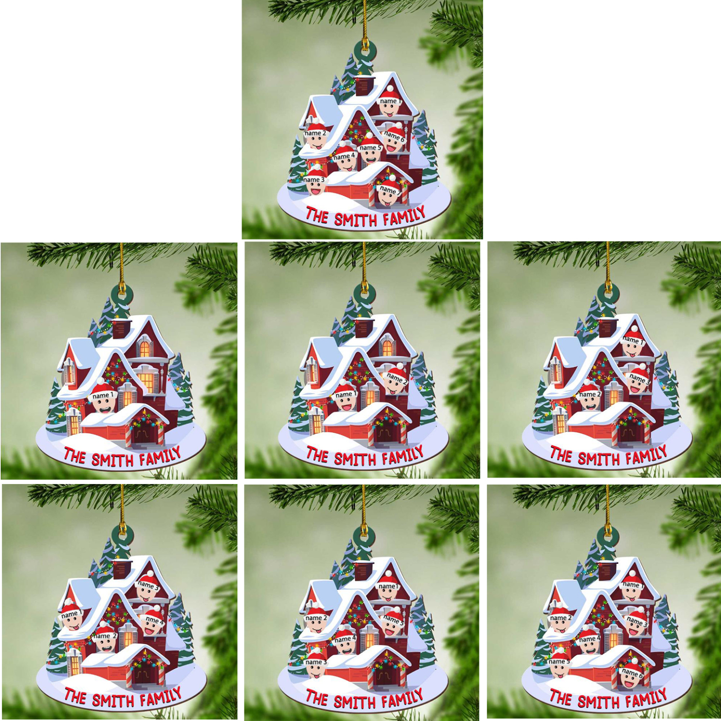 Navidad-Ornamento con muñecos casa acogedora de madera con 2 nombres y apellido personalizados adorno de árbol