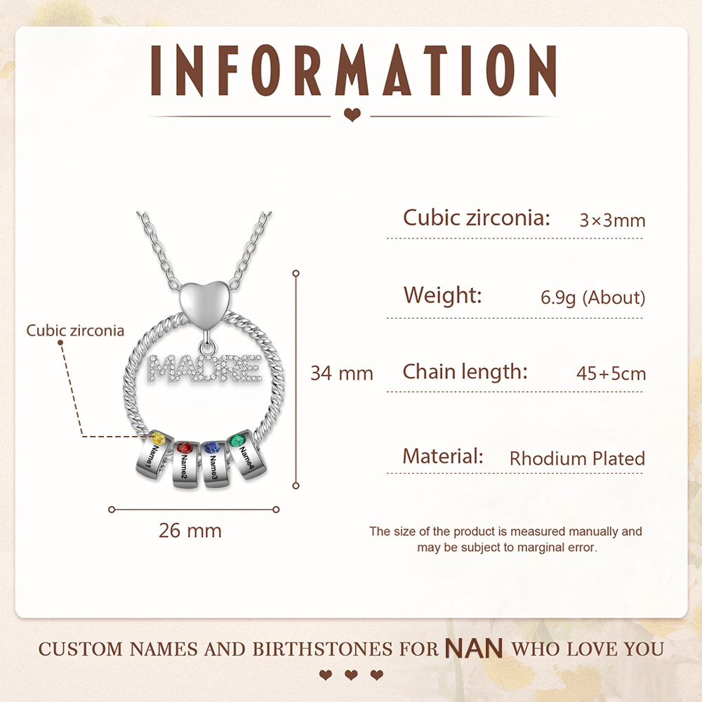 Collar con colgante de "MADRE" con 4 nombres y 4 piedras de nacimiento personalizados | Jessemade-Jessemade ES