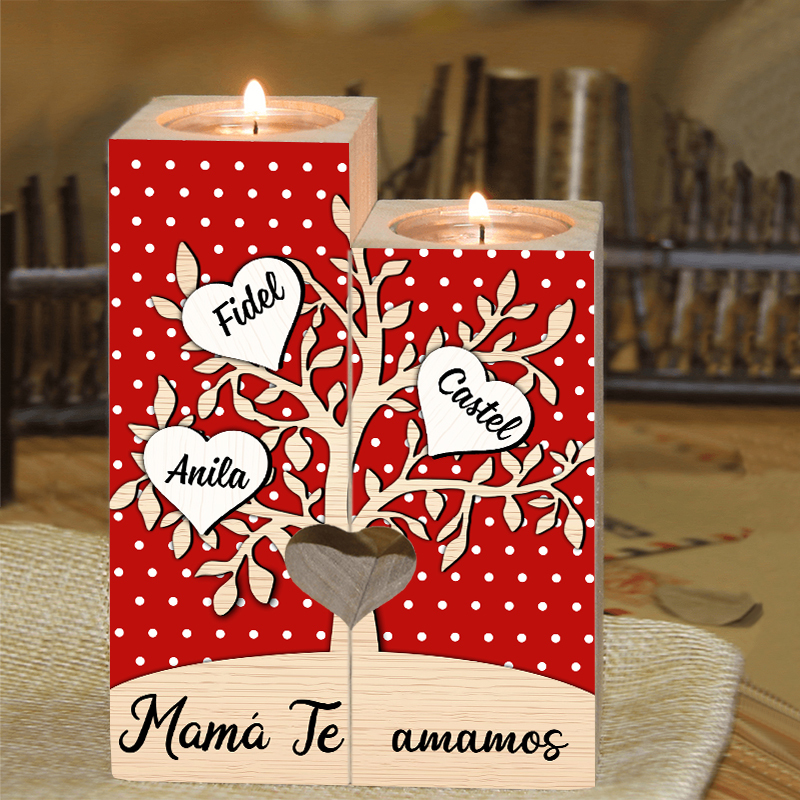 A la familia-Candelero de árbol de la vida de madera personalizado con 3-8 nombres y 1 texto sin vela-Jessemade ES