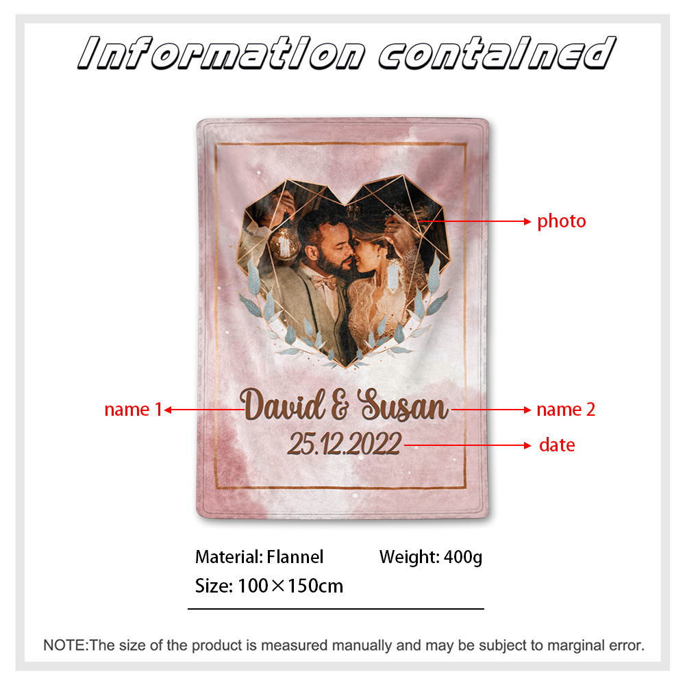 Pareja-Manta de buen calidad de corazón de foto personalizada con nombres y fecha-Jessemade ES