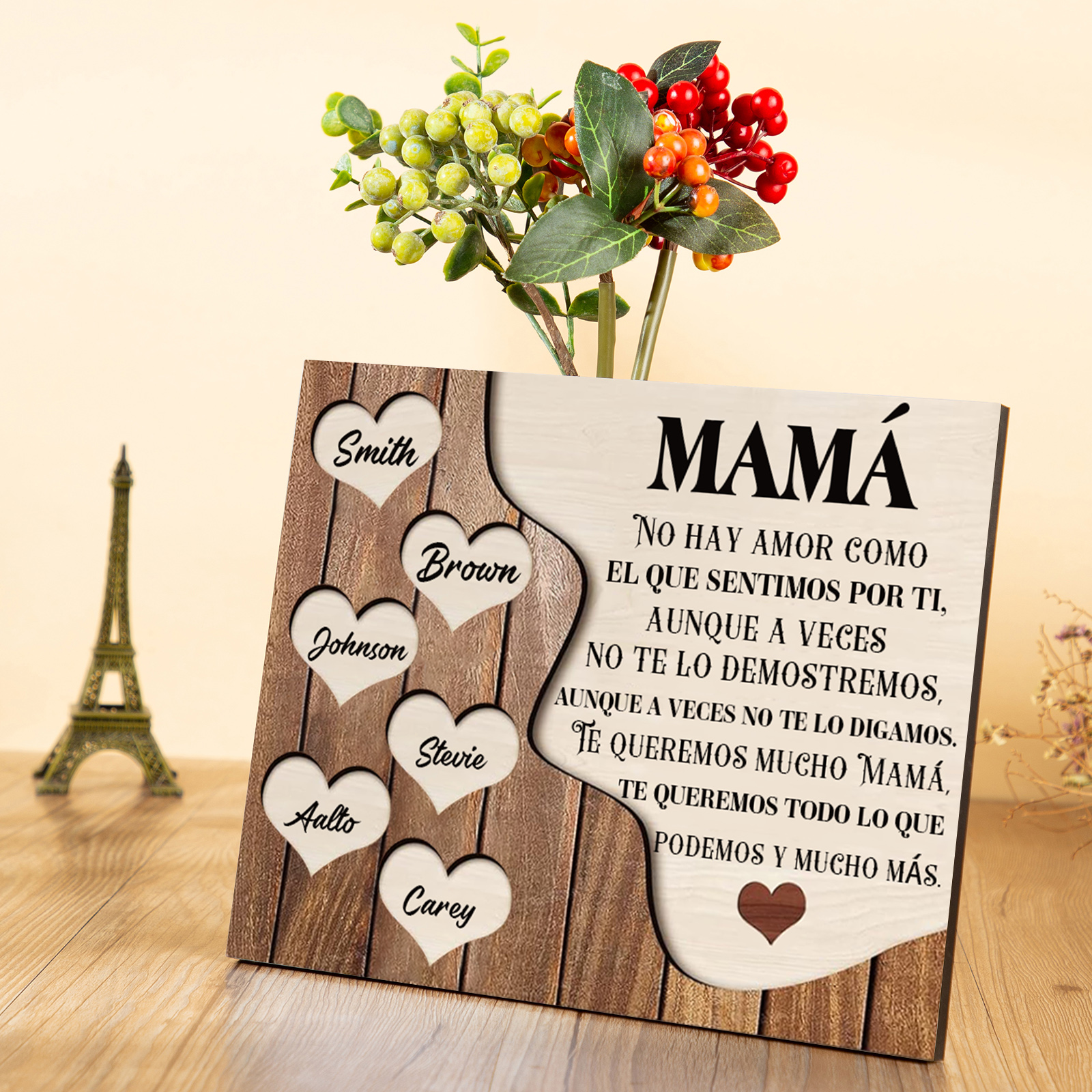 A mi mamá - Lámina 2-8 nombres personalizados marco de madera cara y corazones-Jessemade ES