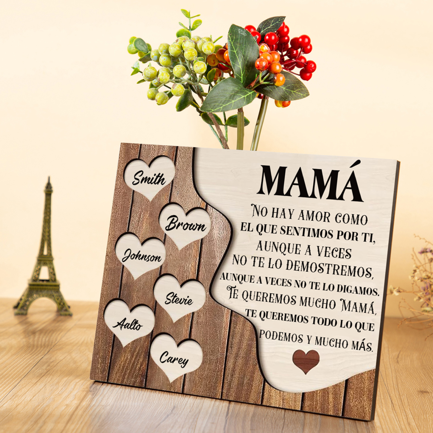 A mi mamá - Lámina 2-8 nombres personalizados marco de madera cara y corazones-Jessemade ES