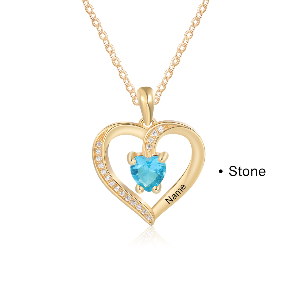 Collar para mujer de corazón con 1 nombre y 1 piedra de nacimiento personalizados | Jessemade