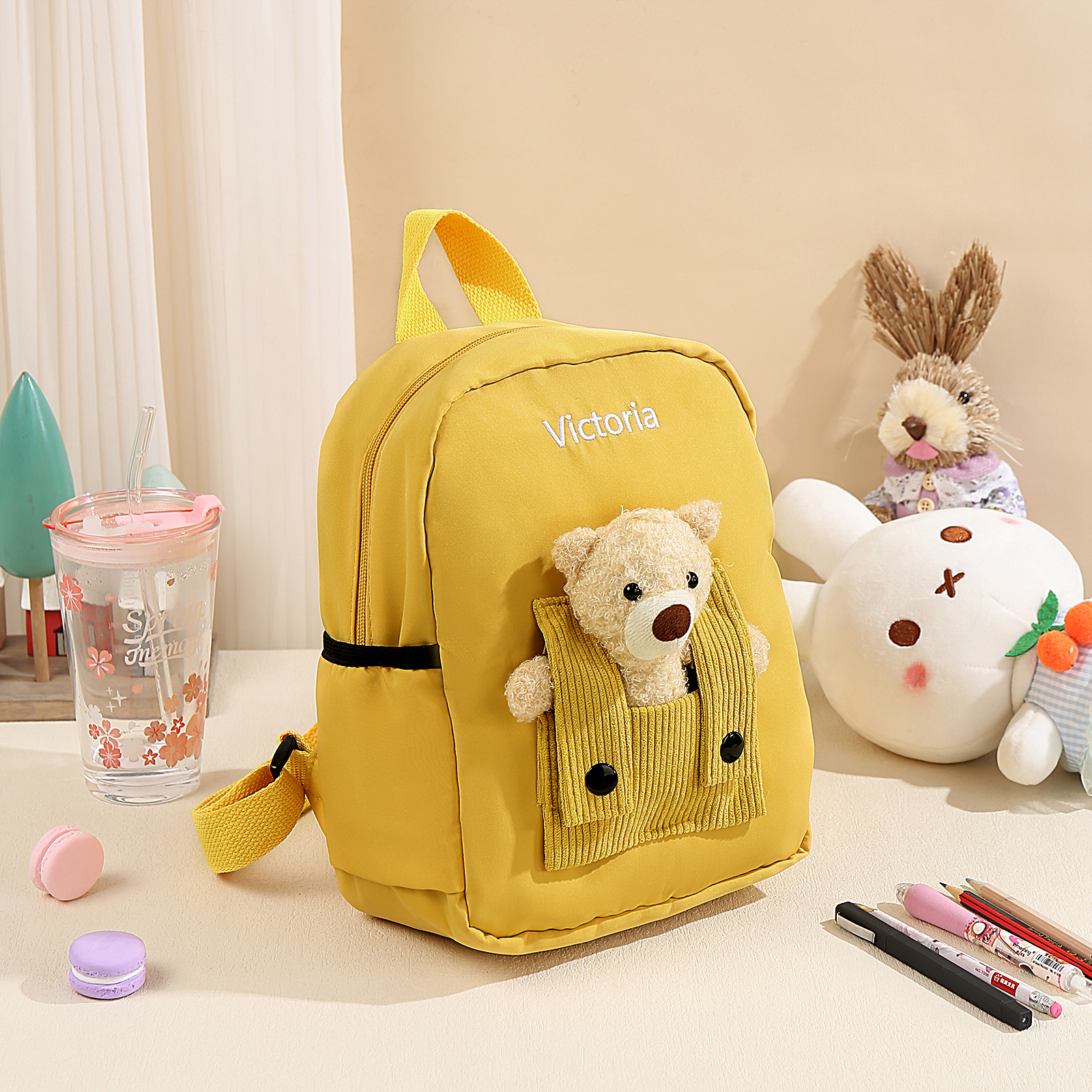 Mochilas escolares para los niños con peluche de oso con nombre personalizado bordado