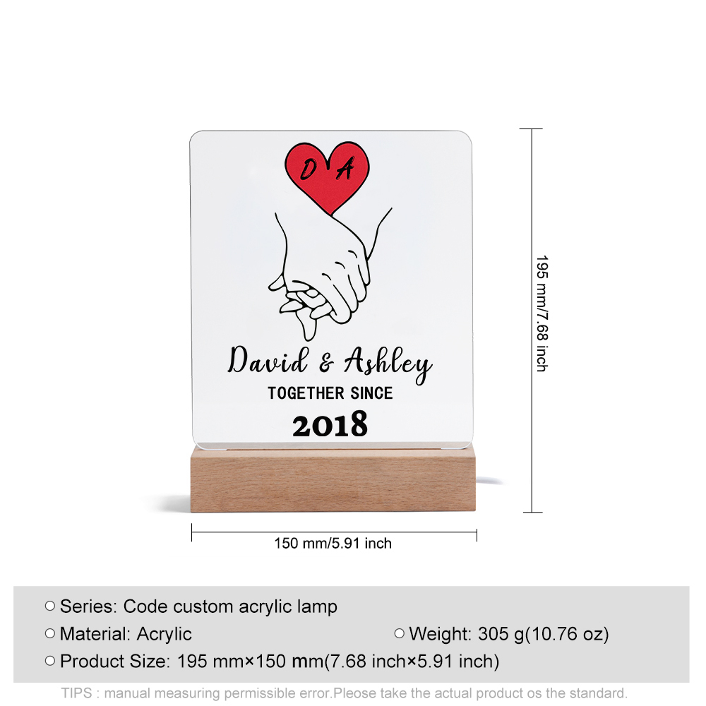 Lámpara manos cogidas para pareja 3D Ilusión Luz de Noche LED 2 letras, 2 nombres, texto y año personalizados -Jessemade ES