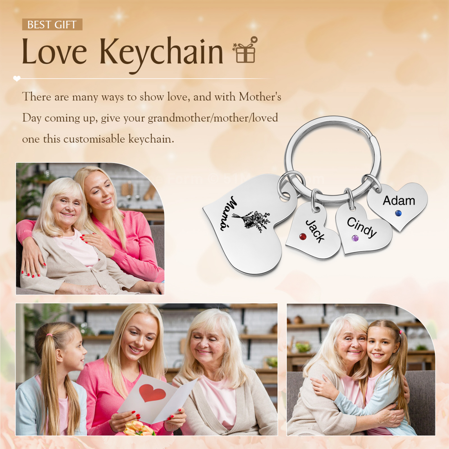 A mi mamá/abuela - Llavero con 3 nombres y piedras de nacimiento personalizados en corazones con texto y flor-Jessemade ES