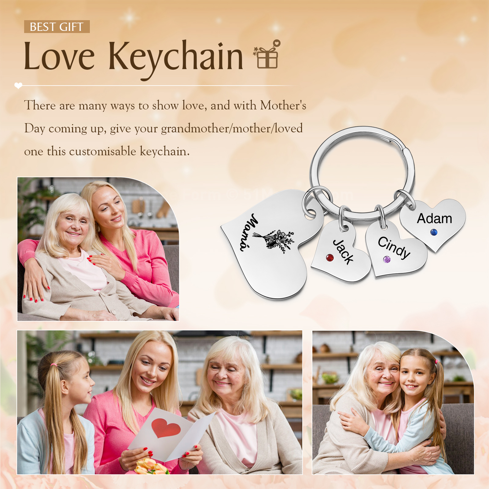 A mi mamá/abuela - Llavero con 3 nombres y piedras de nacimiento personalizados en corazones con texto y flor-Jessemade ES