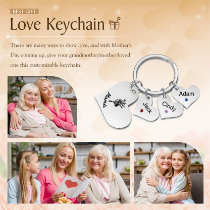 A mi mamá/abuela - Llavero con 3 nombres y piedras de nacimiento personalizados en corazones con texto y flor-Jessemade ES