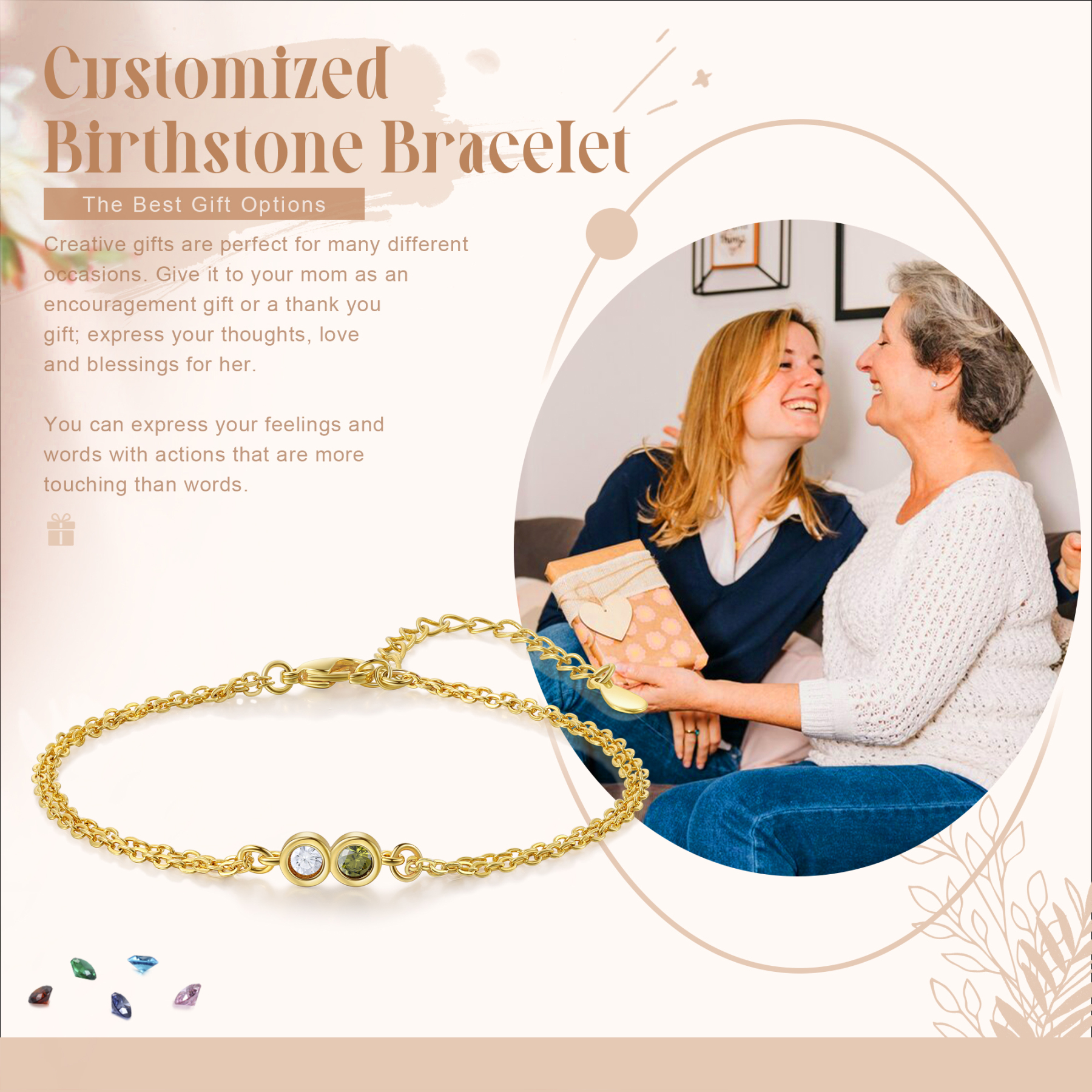 Pulsera 1-6 piedras de nacimiento personalizadas doble cadena-Jessemade ES