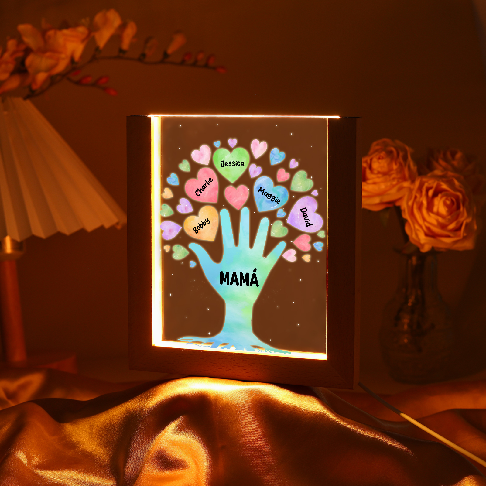 A mi mamá/abuela-Lámpara Personalizada con 2-8 Nombres y Texto "árbol y corazones" 3D Ilusión Luz de Noche-Jessemade ES
