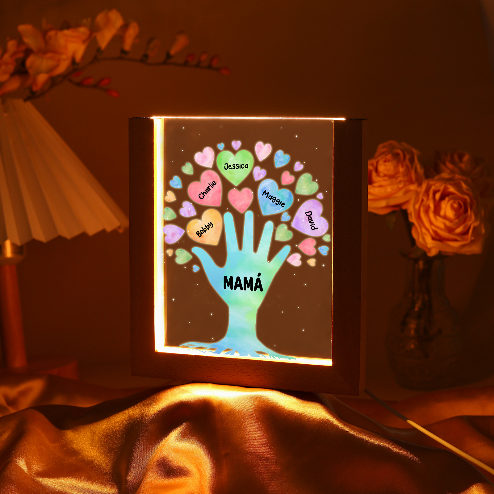 A mi mamá/abuela-Lámpara Personalizada con 2-8 Nombres y Texto "árbol y corazones" 3D Ilusión Luz de Noche-Jessemade ES