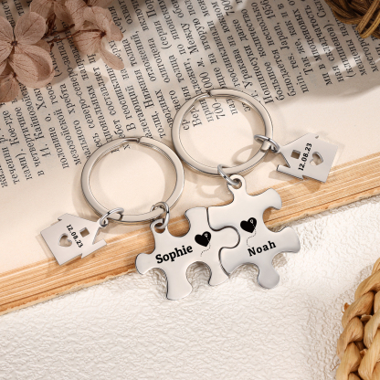Llavero para pareja rompecabezas 2 nombres personalizados con fecha dije de casa-Jessemade ES